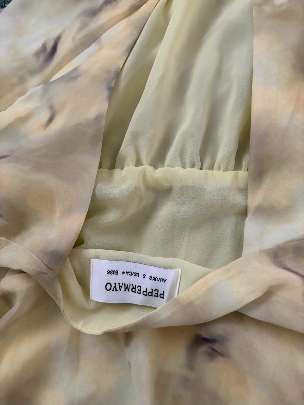 Peppermayo Pale Yellow Watercolor Halter Dress with purple/gray pattern - Picture 3 of 4